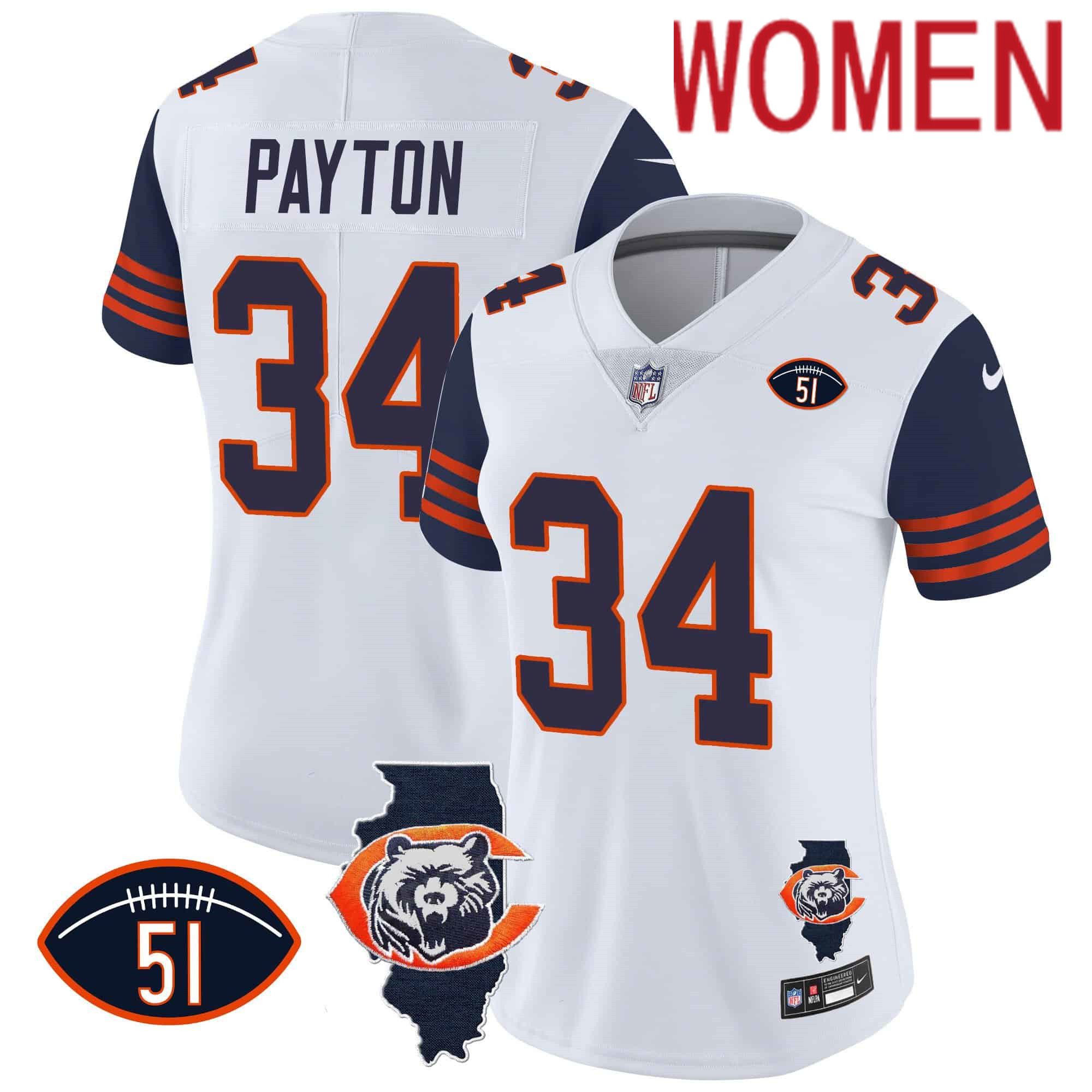 Women Chicago Bears #34 Payton White 2024 Nike Throwback Illinois Patch Vapor NFL Jersey style 1